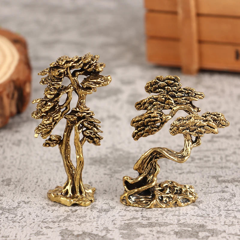 Brass Mini Welcome Pine Figurine Tree Miniature Landscape Small Bonsai Tree Statues Decorations Accessories