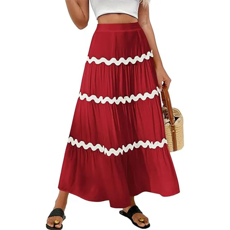 Women Dress Fashion Summer Women's Boho Elastic Waist A-line Skirt Fleece Frizzy Skirt Hem Layer Women's Vacation Outdoor Skirt
