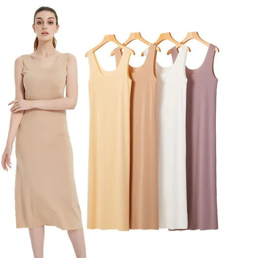 Summer Lady Ice Silk Without Trace Slips Under Dress Large Size Tank Long Midi Dress Petticoat U-neck Vest Nightgown Long Skirt