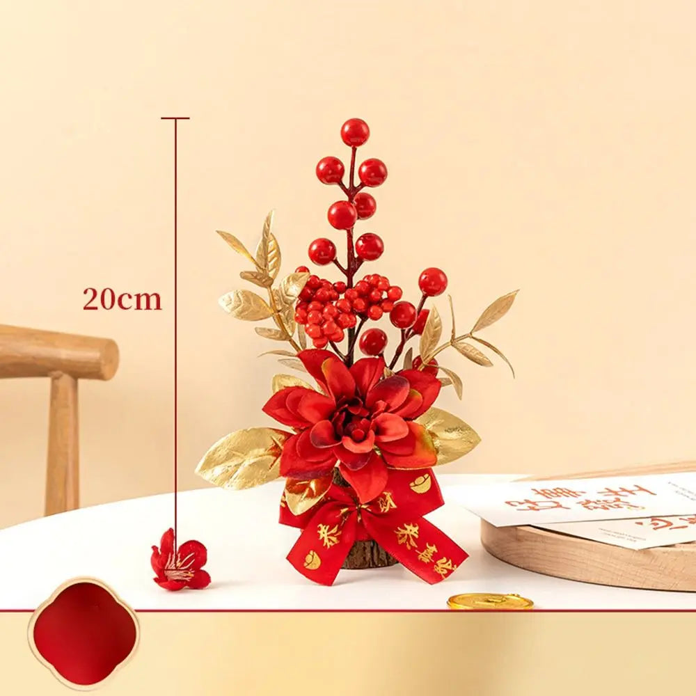 Chinese Artificial Flowers Plants Pots Get Rich Good Luck New Year Pots Tabletop Decoration Red Berry Branch Wedding Pots