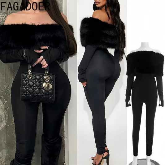FAGADOER Winter New Sexy Fur Patchwork Bodycon Jumpsuits for Woman Solid Color Off Showlder Backless Rompers Female Overalls