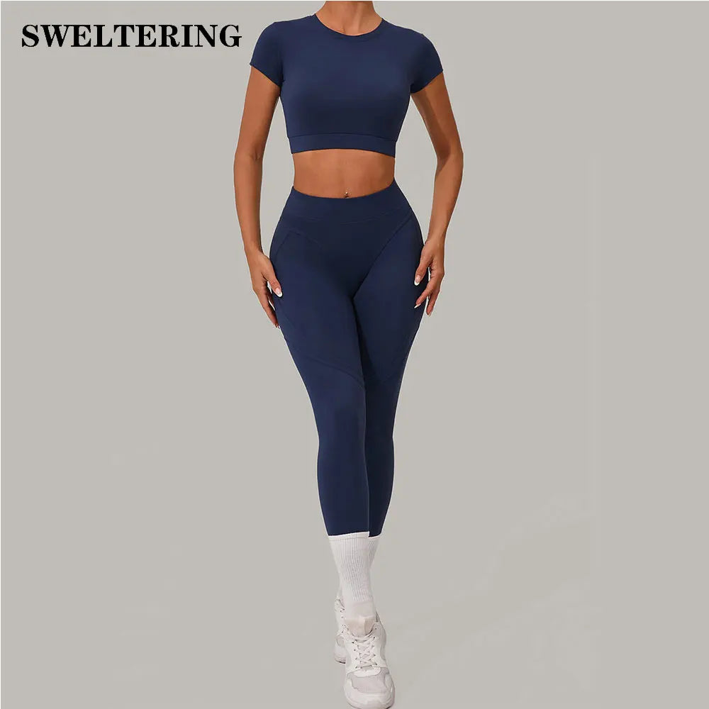 2 Pieces Sportswear Women Yoga Set Gym Clothes Sportswear Yoga Suits Fitness Set Tracksuits Sports Short Sleeves Gym Leggings