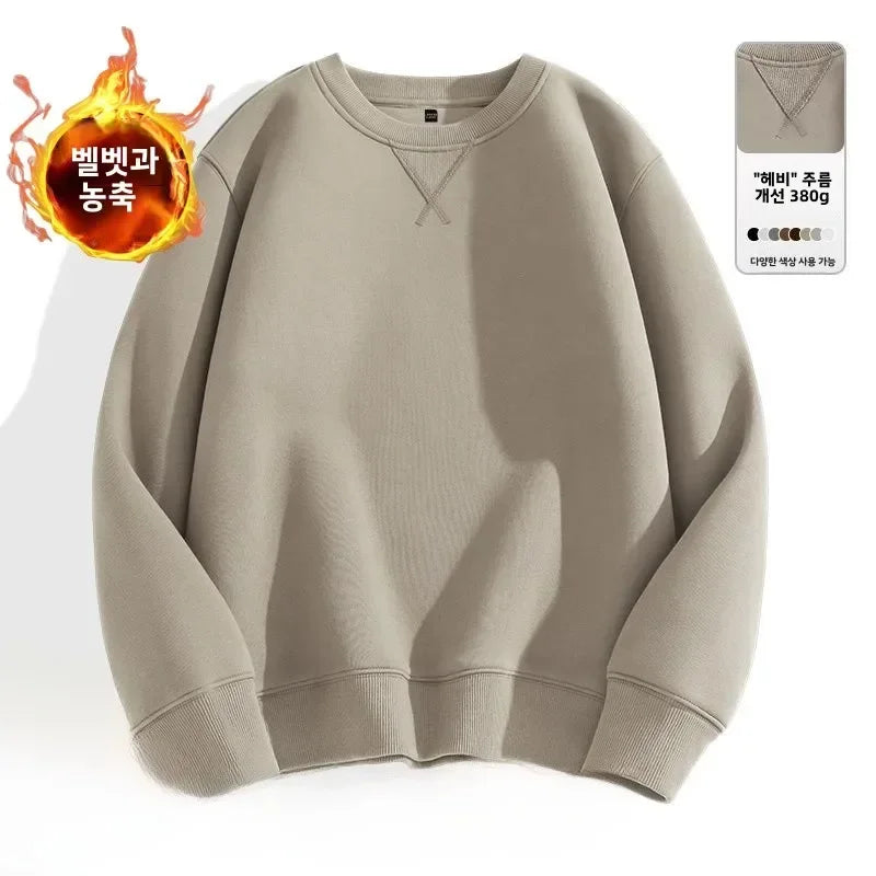 Thickened Fleece Hoodless Sweatshirt Men's Round Neck Winter Casual Loose Fit Cotton Polyester Long Sleeve Self Heating