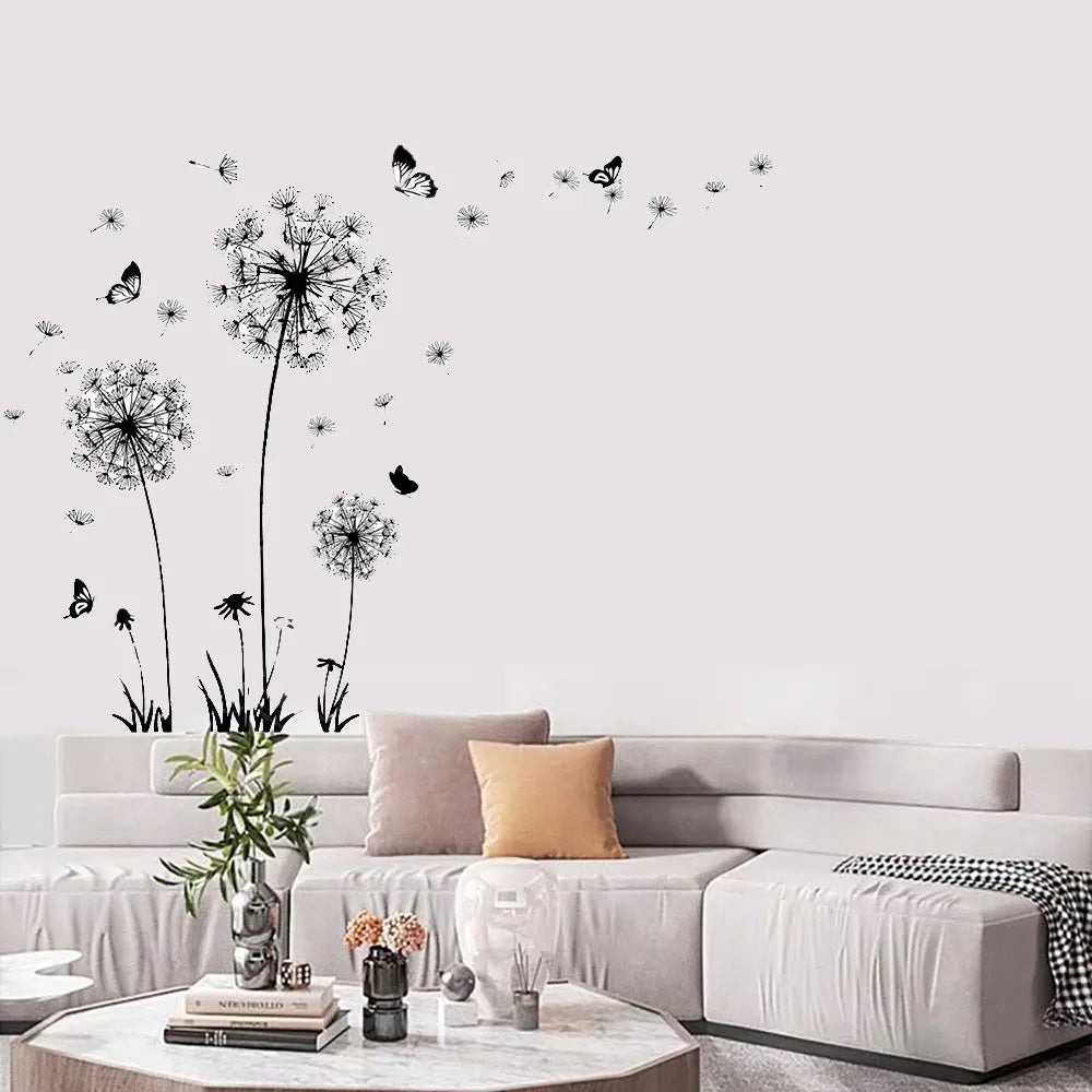 1pc, Black Romantic Dandelion Wall Decal, Wall Stickers For Room Living Room Bedroom Background Wall Decoration, Self-adhesive D