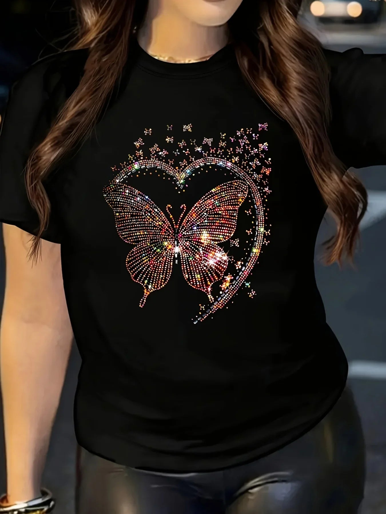 Chic Valentine's Day Butterfly Heart Print Casual T-Shirt for Women Clothing TopSoft Polyester, Crew Neck, Short Sleeve, Black