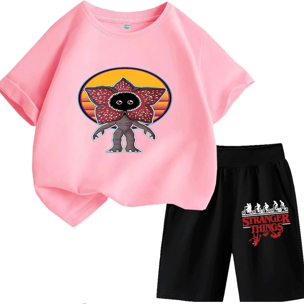 Cute Demogorgon Pattern Kids T-Shirt Set, Fashionable and Comfortable Short-Sleeve Tops for Boys and Girls, Ideal for Daily Wear