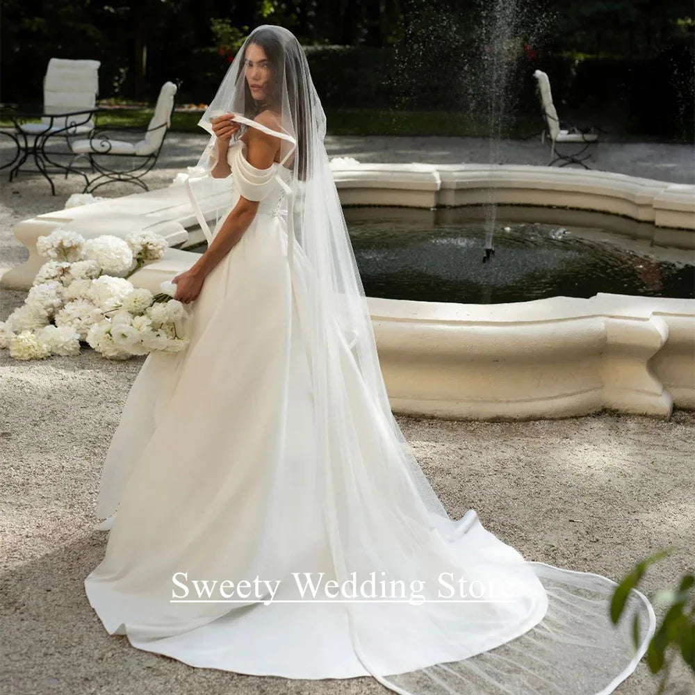 Romantic Wedding Dress Customized Off The Shoulder Pleat Body Sweep Train A Line Satin Bridal Gown Vestidos De Novia Lace-up