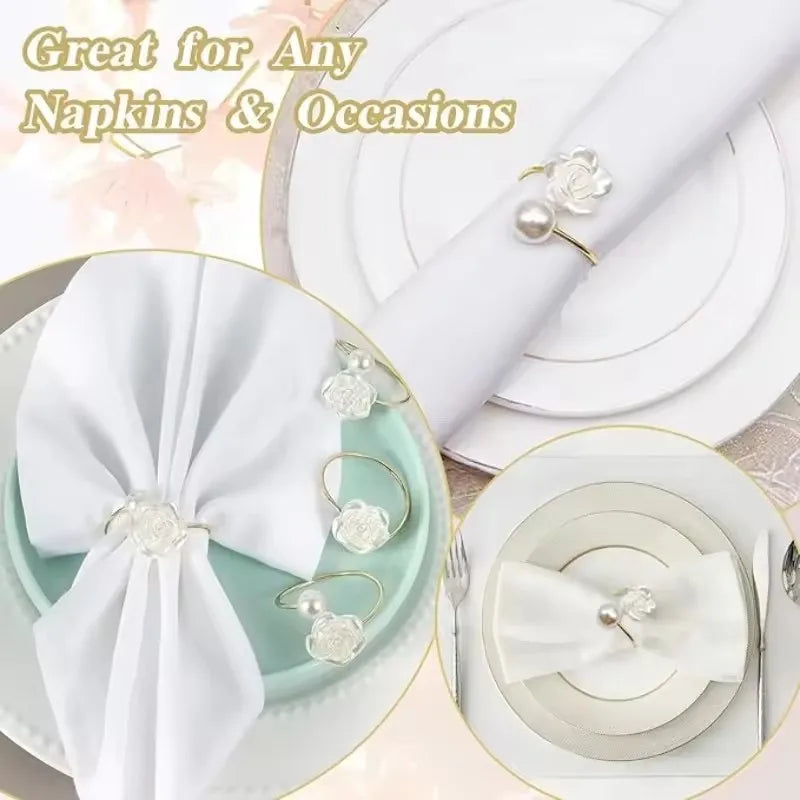 10PC Valentine's Day Wedding Pearl Napkin Clasp Roses Creative Round Pearl Napkin Rings for Restaurant Family Table Decoration