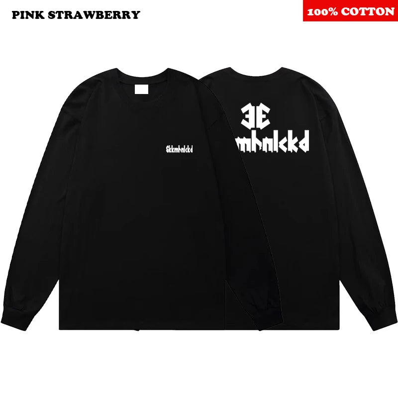 ins Letter Print T-shirt Men 2025 New Autumn 100% Cotton Oversize White O-Neck Long-sleeves T-shirt Loose Y2k Top Men clothing