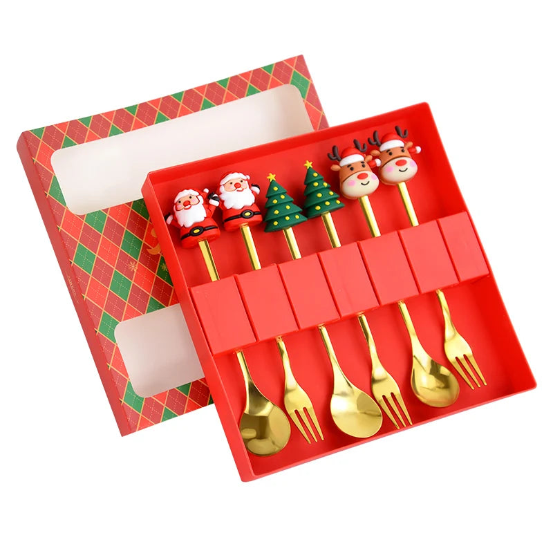 2/4/6pcs Christmas Gift Spoon Forks Set Stainless Steel Cutlery Tableware Decoration Coffee Tea Dessert Scoop 2025 New Year Home