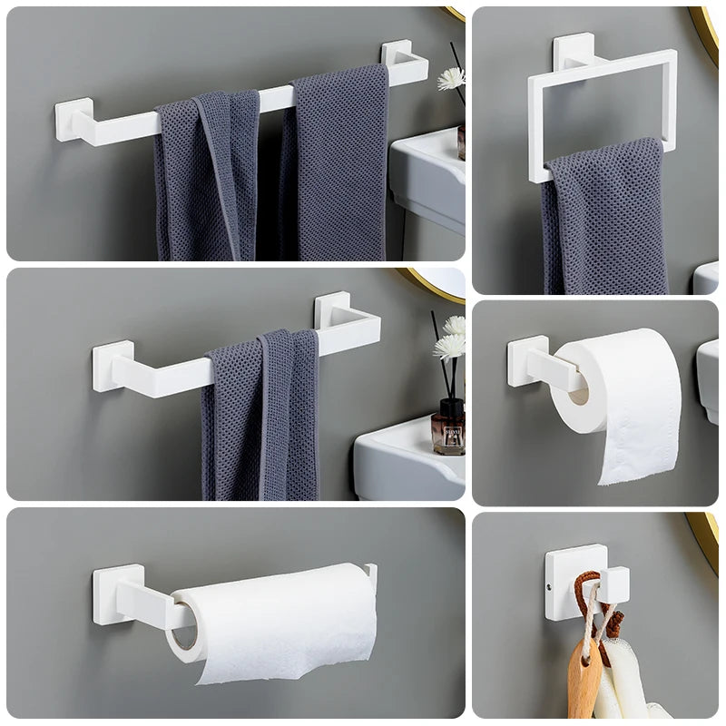 White Stainless Steel Bathroom Hardware Kit 40cm Towel Bar Toilet Paper Rack Clothes Hooks Bathroom Roll Towel Ring Rack