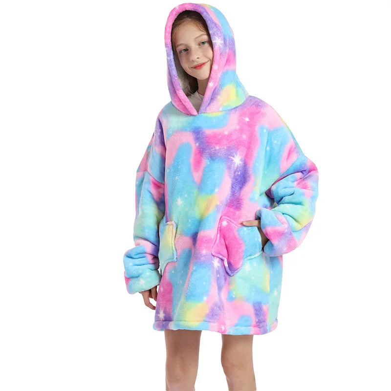 Kids Hoodie Homewear Oversized Blanket with Sleeves Cartoon Print Robe Boy Sweatshirt Teenage Girl Hoodie Children Warm Clothes