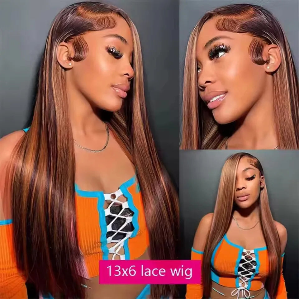 13x6 HD transparent front lace wig FB 30 highlight straight remy hair 46 long inches 200 Density human hair Brazilian for women