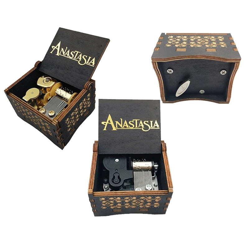 Once Upon a December Music Box, Black Wooden Anastasia Gold Stamping Vintage Gift Ideal for Christmas Birthday Valentine's Day