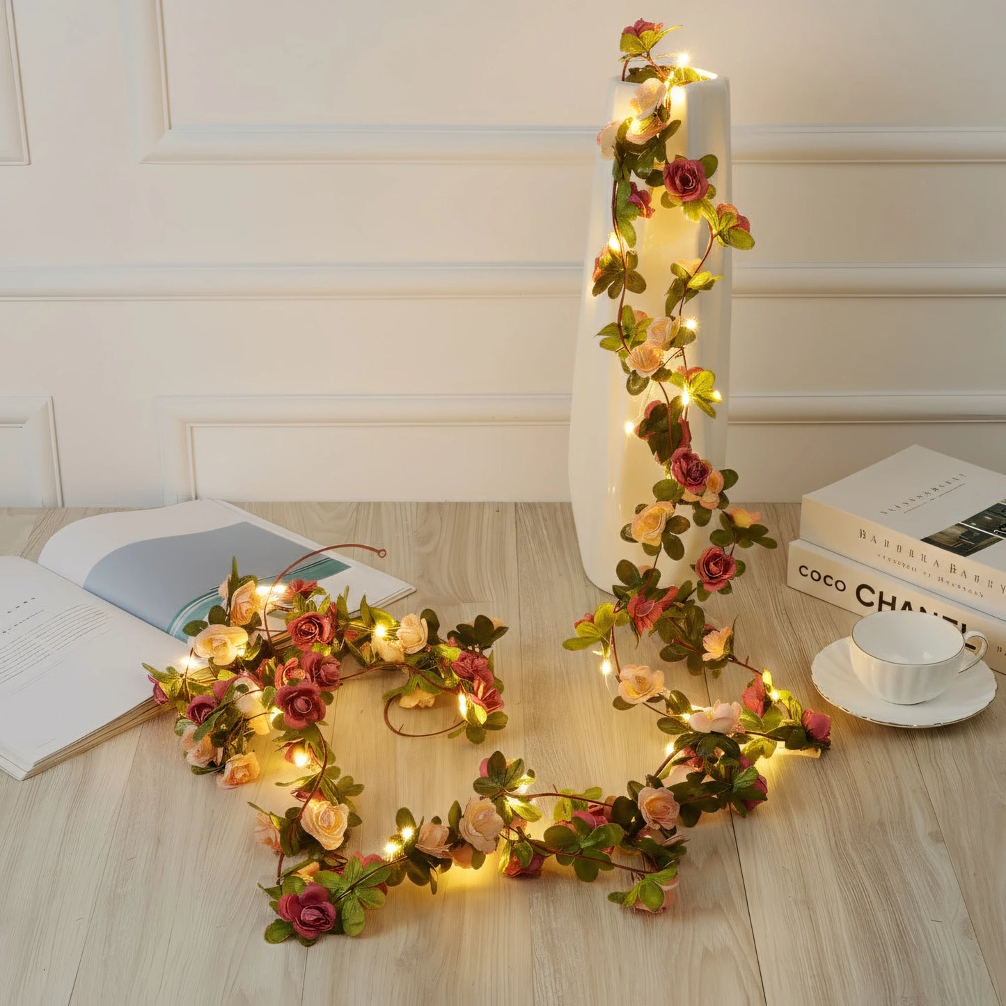 250CM Rose Vine With LED Lights Artificial Flowers Wedding Home Room Decoration Spring Autumn Garden Arch Christmas Rattan Vine