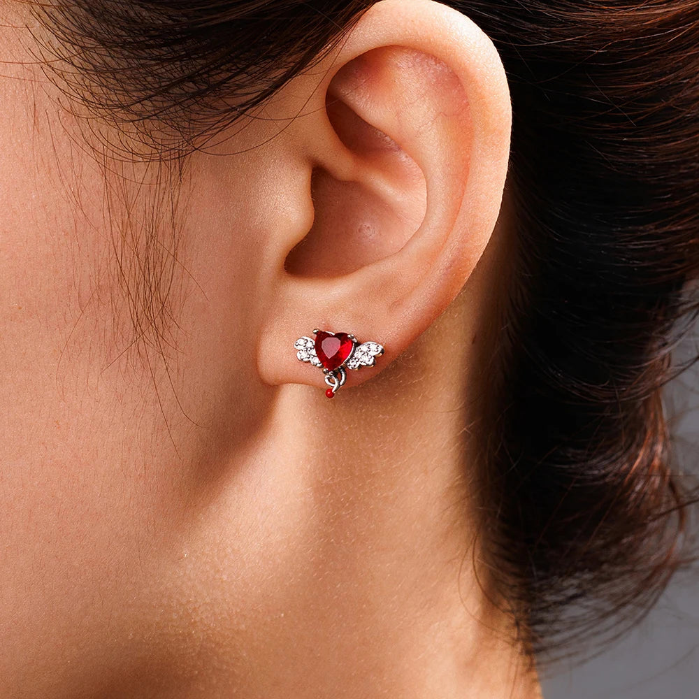 2025 925 Sterling Silver Earrings Red Heart Angel Wing Earrings DIY Fashion Jewelry Making Valentine's Day Woman Daily Wear Gift