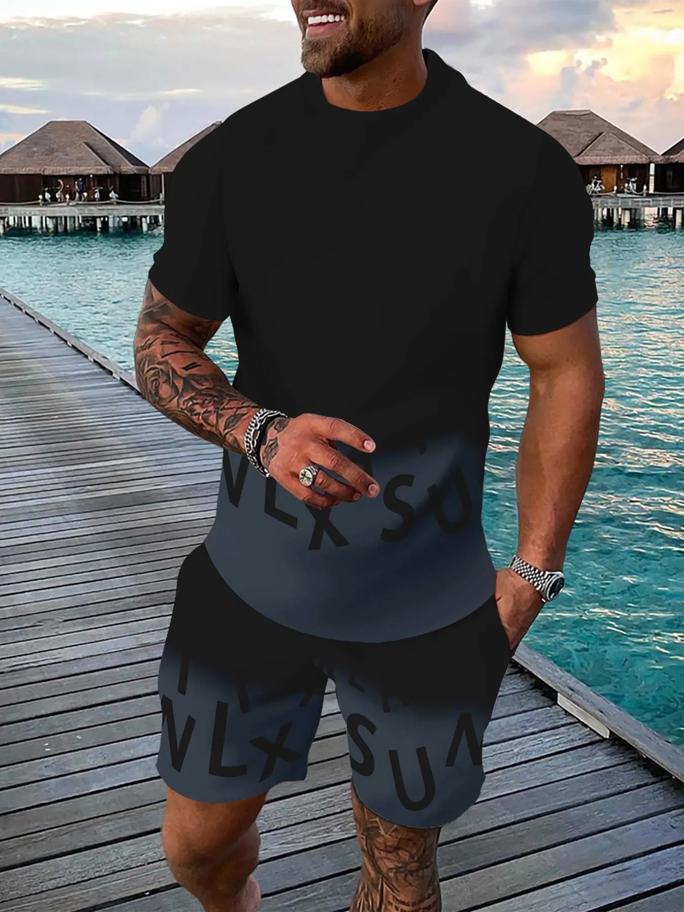 Fashionable new men's summer letter gradient print comfortable breathable round neck T-shirt shorts set outdoor casual clothing