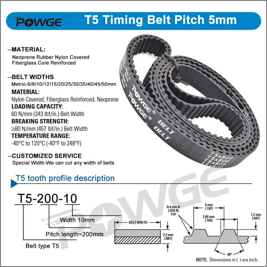 POWGE  T5 Timing belt Lp=300-440mm 305 310 315 320 325 330 335 340 345 350 355 360 365 370 375 380 385 390 395 400 410 415 420