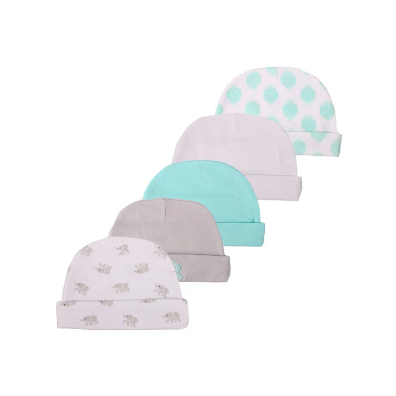 5Pieces Newborn Baby Boy Hats Cartoon Print 100%Cotton Baby Girls Hats 0-6Months Soft Solid Color Infant Accessories