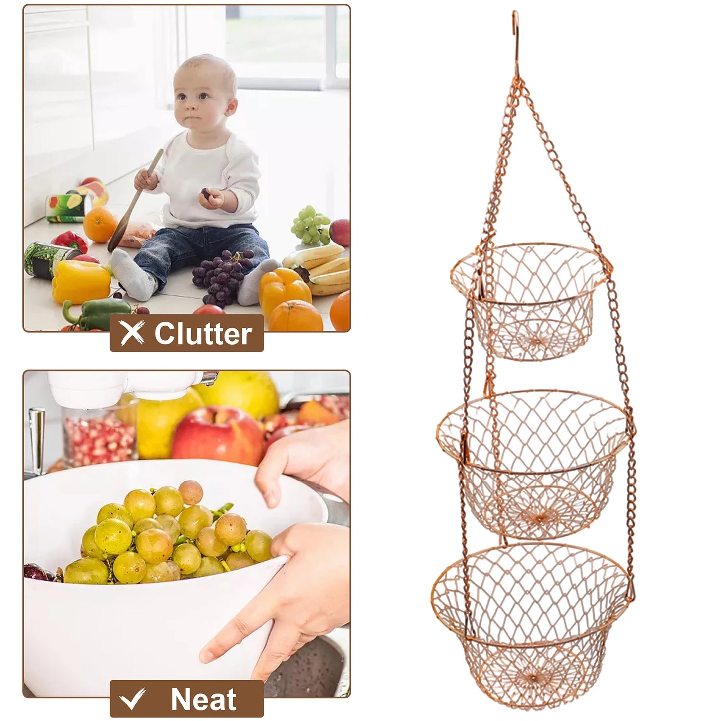3 Tiered Hanging Organizer Basket Vegetable Holder Large Capacity Basket Kitchen Snacks Vegetable Storage Shelf for Kitchen