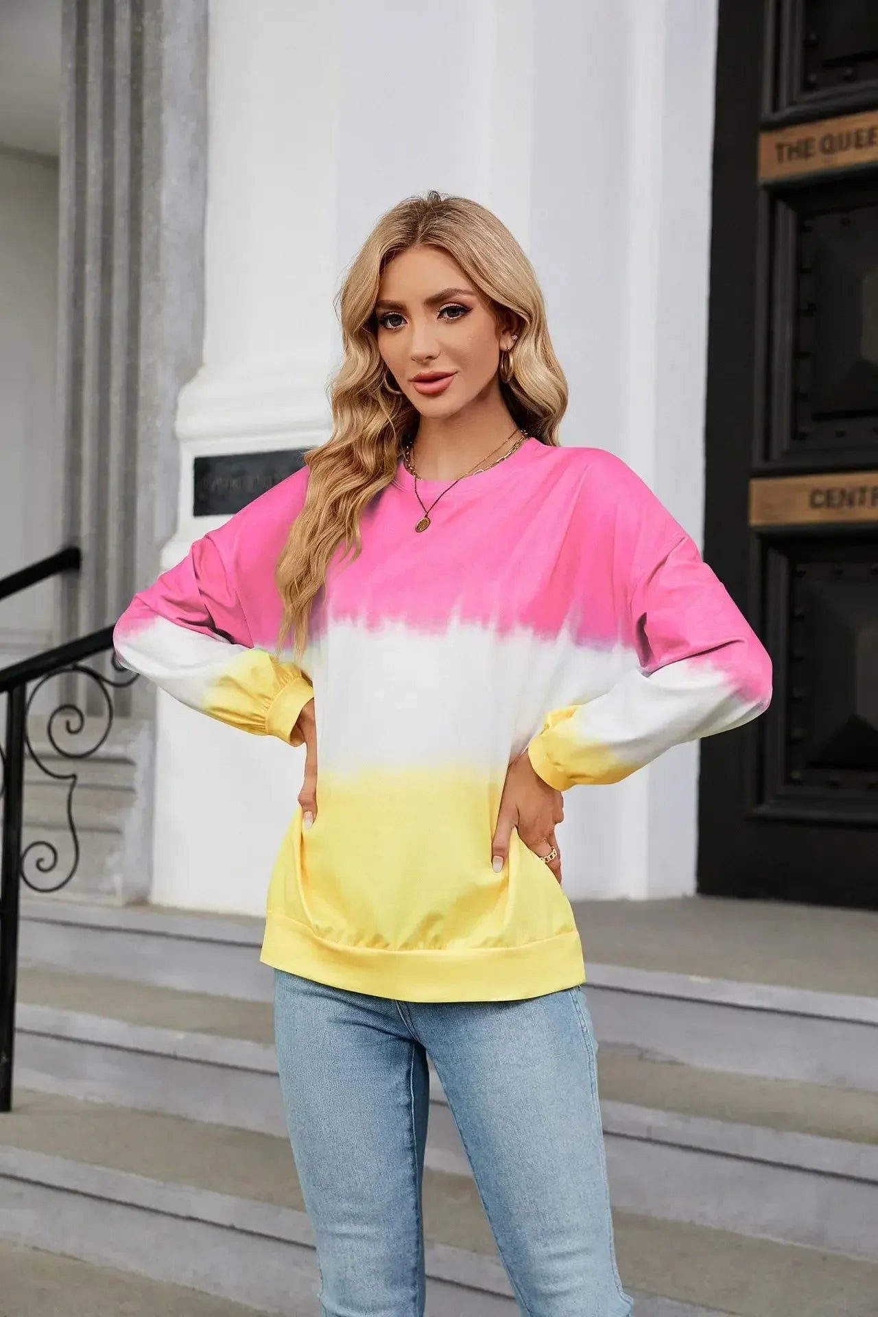 Women's Fashion Gradient Hoodies Sweatshirts Long Sleeve O-Neck Hoodies Print Oversized Pullovers Women Y2k Harajuku Streetwear