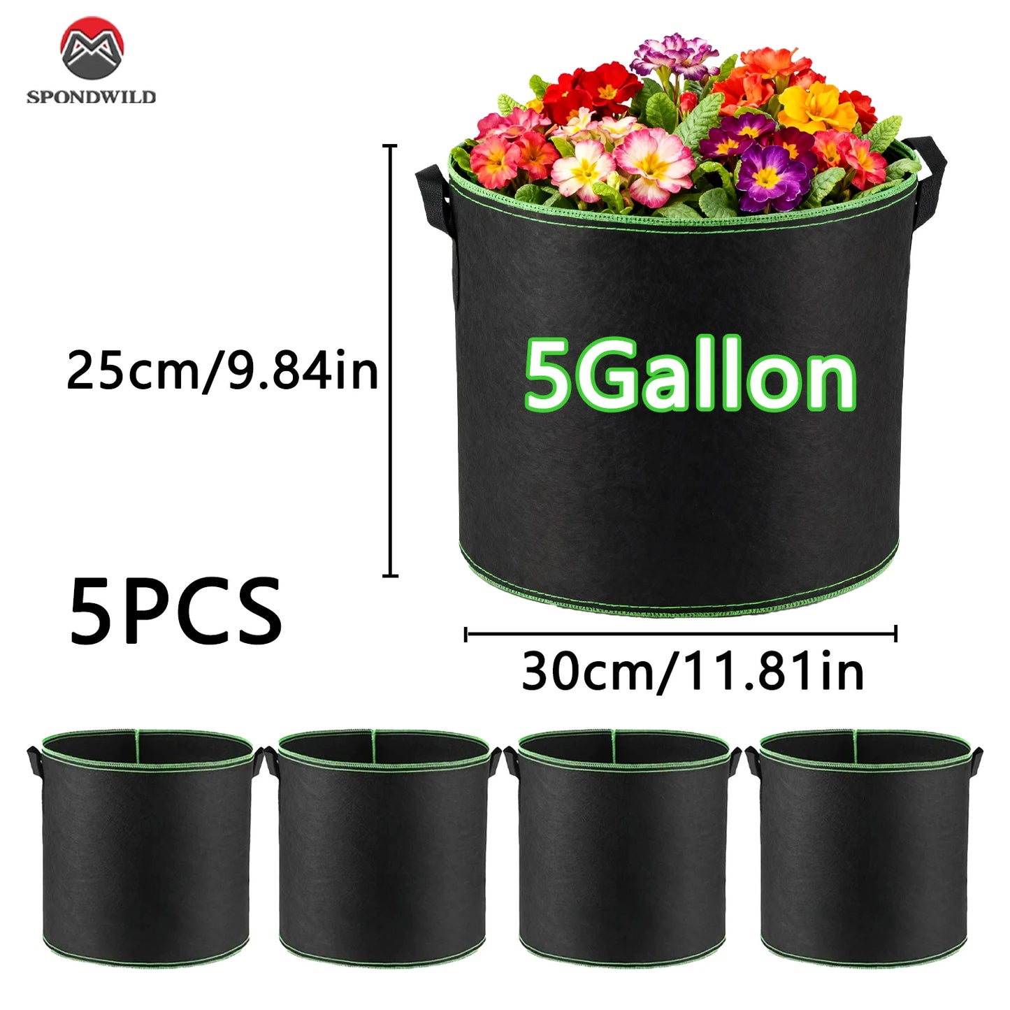 3/5/7 Gallon Grow Bags with Handles & Lock Edges, 5/6/13 Packs Non-Woven Fabric Pots, Reinforced Planting Bags for Vegetables