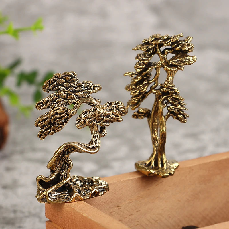 Brass Mini Welcome Pine Figurine Tree Miniature Landscape Small Bonsai Tree Statues Decorations Accessories