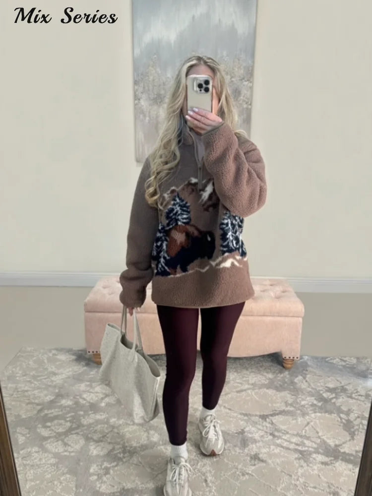  Fashion Printed Sherpa Pullover Women's Loose Long Sleeve Zippers Cozy Style Top 2025 Autumn New Lady Casual Warm Outerwear