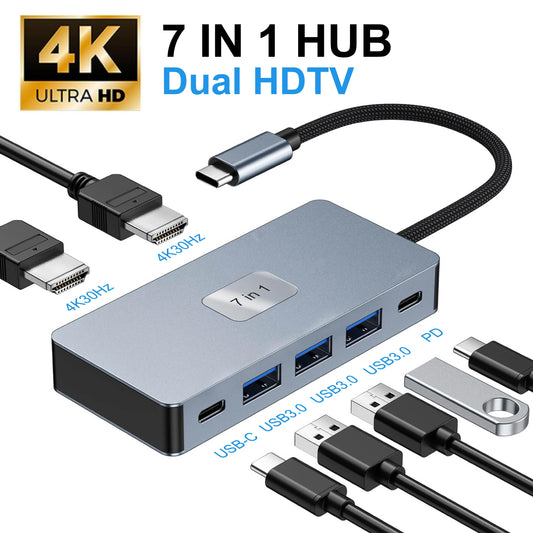 USB C Hub Dual Monitor, 7-in-1 Docking Station with 2 HDTV 4K60Hz, 3 USB3.0, 100W PD, for MacBook, Dell, HP, Surface