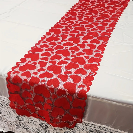 [Valentine's Day] 1 Valentine's Day Red Heart Lace Table Runner |  No Assembly Required, Home Dining Table Decoration