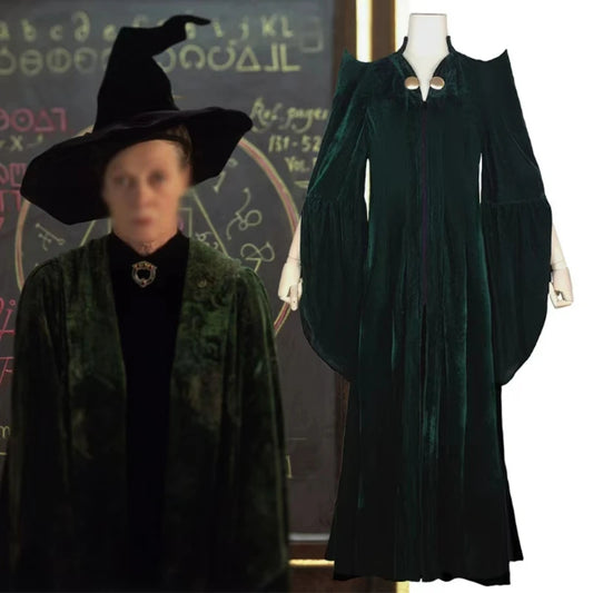 Mileva McGonagall Costume Cosplay Witchcraft and Wizardry Professor Costumes Velvet Green Cloak Halloween Carnival Costume Women