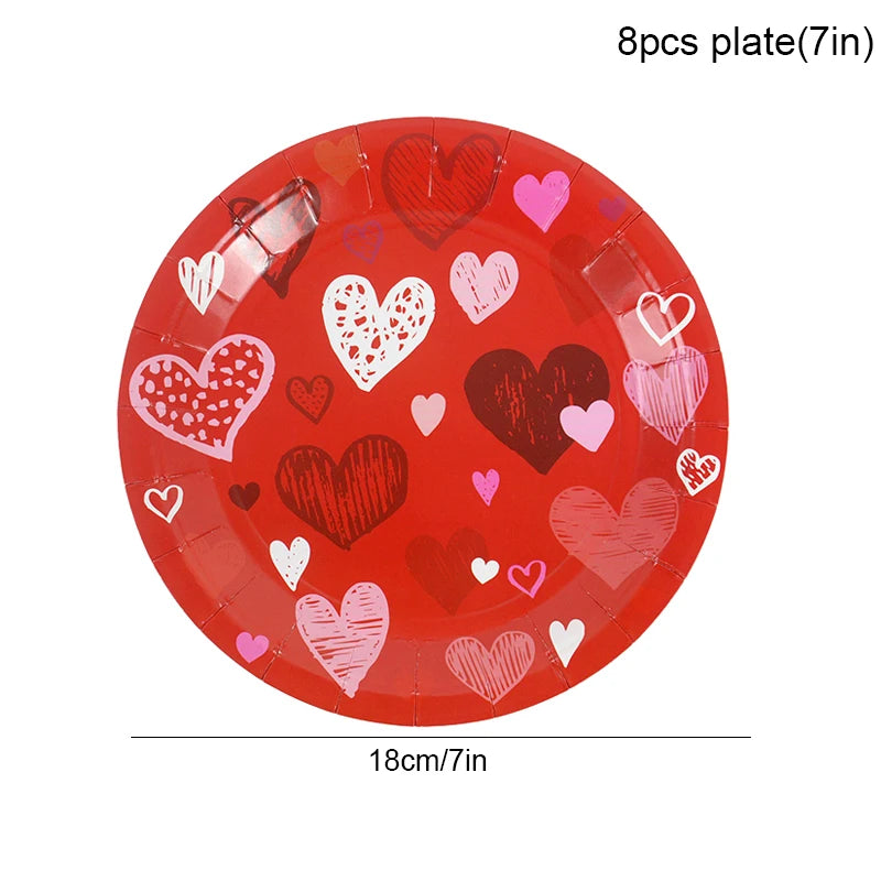 Love Heart Disposable Tableware for Wedding Valentine's Day Tableware Anniversary Birthday Party Paper Plates Cups Tablecloth