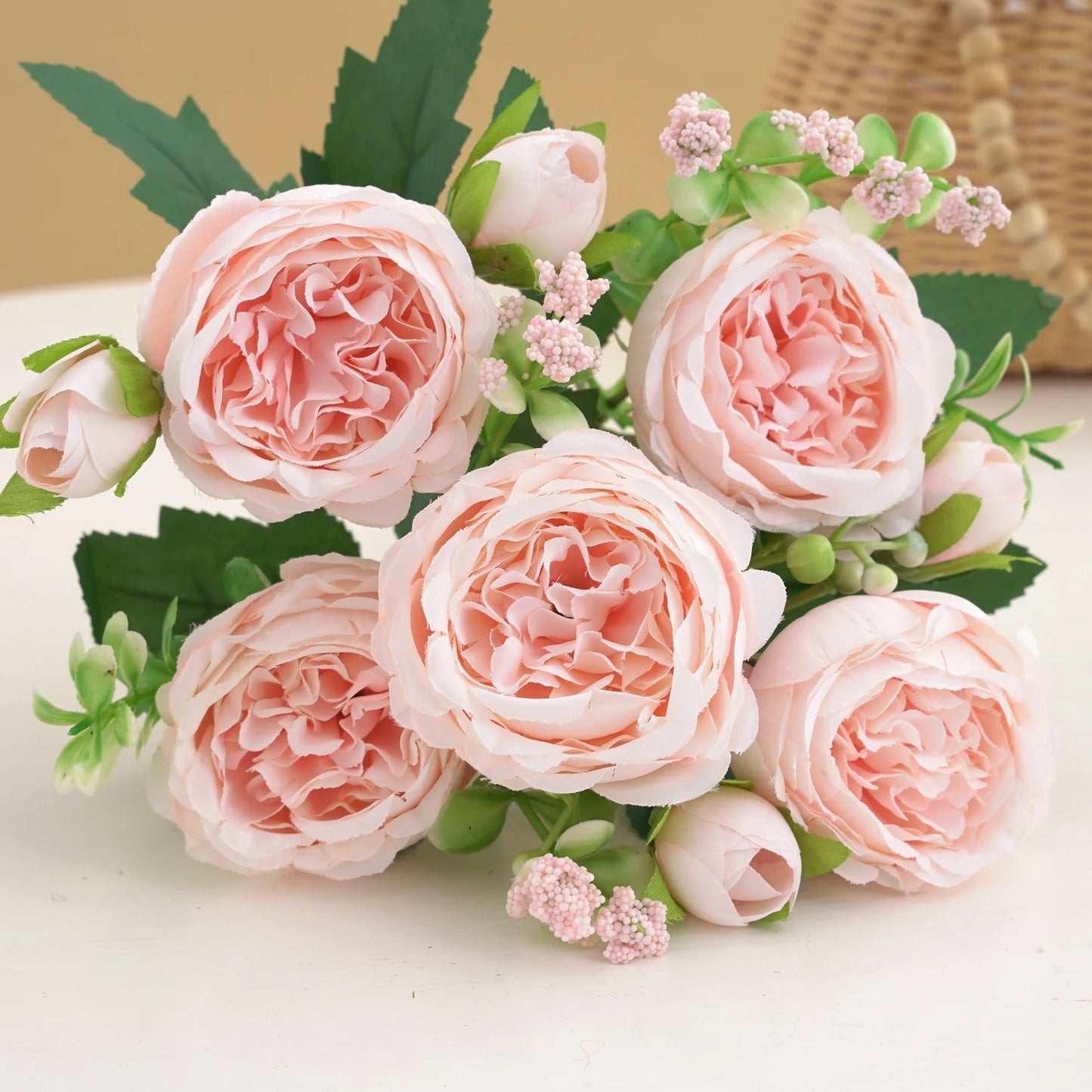 30cm Rose Pink Silk Bouquet Peony Artificial Flower 5 Big Head 4 Small Bud Bride Wedding Home Decoration Artificial Flower
