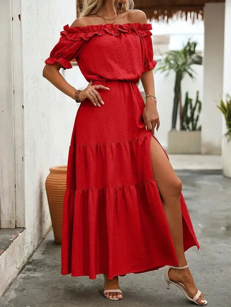 Elegant Short Sleeve Long Dress Women 2025 Summer Fashion Off Shoulder Maxi Dresses Casual