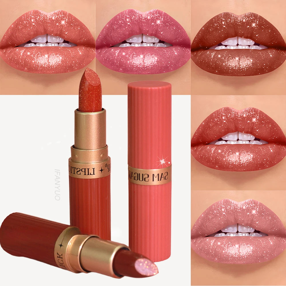 Chocolate Brown Luxurious Metallic Glitter Lipstick Long-Lasting Waterproof Non-Fade Shimmery Pearl Sparkling Lip Gloss Makeup