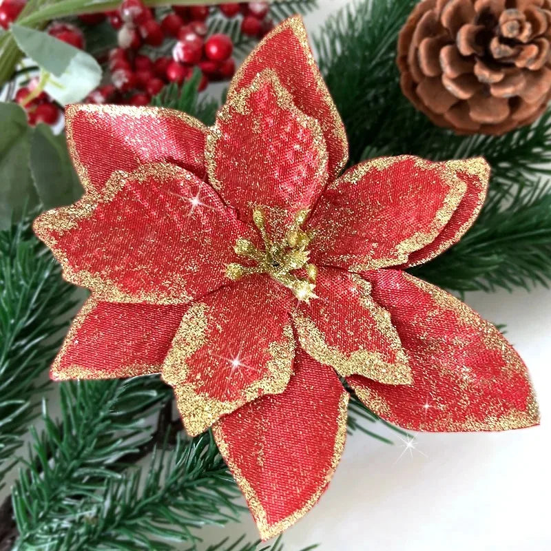 10Pcs Artificial Flowers Christmas Decoration 13CM Xmas Tree Pendant Ornaments for Home Room Decor Navidad New Year 2025 Garland