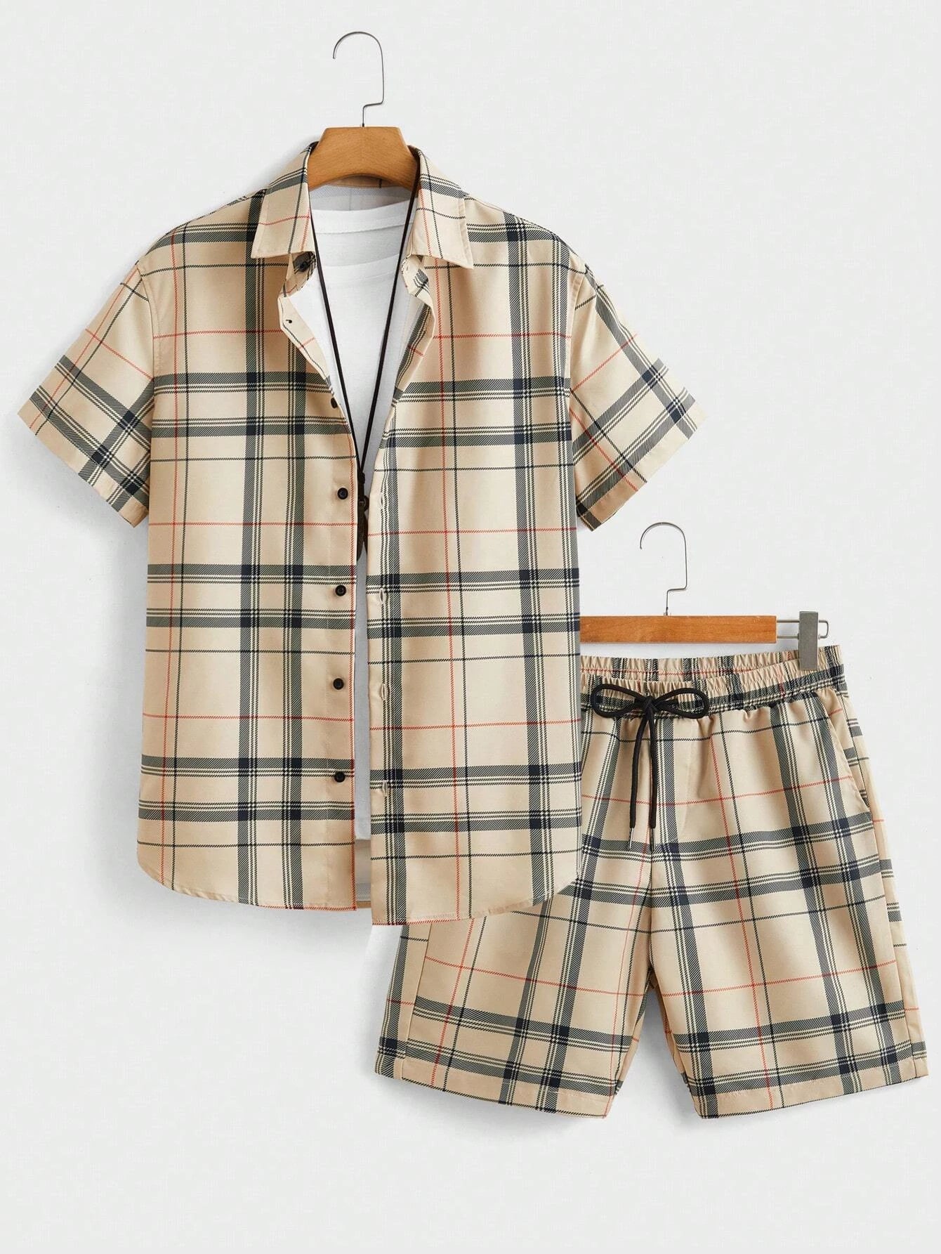 Street Casual Men's Suit Personalized Fashion Plaid Printed Pattern Short Sleeve Lapel Shirt and Shorts Men's Two Piece Set