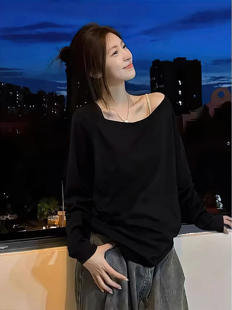 Off the shoulder Long sleeve T shirt Women Spring Autumn Loose Sexy One Shoulder Top Lady Casual Basic Tees School Preppy Blouse