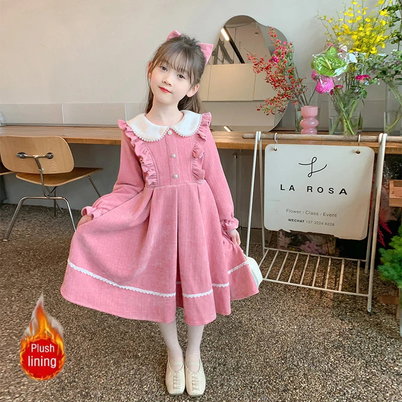 Young Girls' Winter Princess Clothes Red Thickened Velvet Dresses Baby Girl One-piece New Year's Birthday Party Corduroy Dress ‌