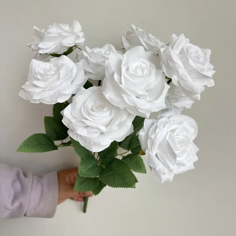 9Heads Diamond Roses Bouquet Artificial Flower Living Room Decoration Wedding White Ivory Red Brown Rose Fake Rose Fake Rose