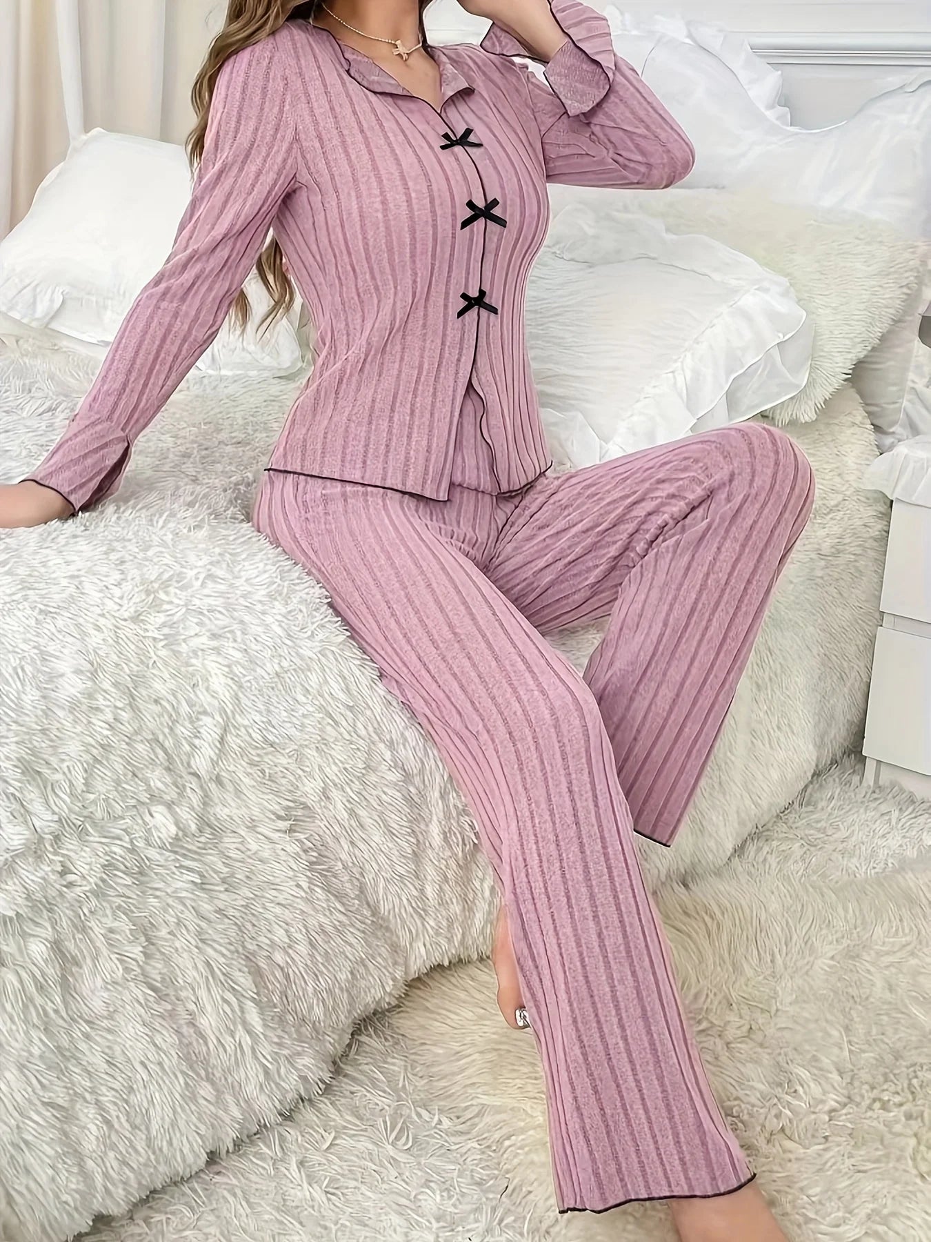 2-Piece Women's Autumn and Winter Pure Color Elegant Bow Women's Simple Long-Sleeved Pants Pajama Set