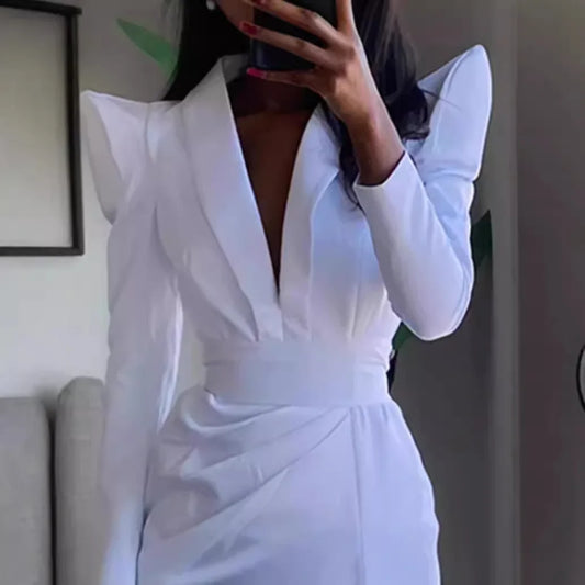 Fashion Summer Dress Woman Streetwear Long Sleeved Sexy V-neck Female's Wide Shoulder Cinched Waist High Slit Long Skirts Y2k