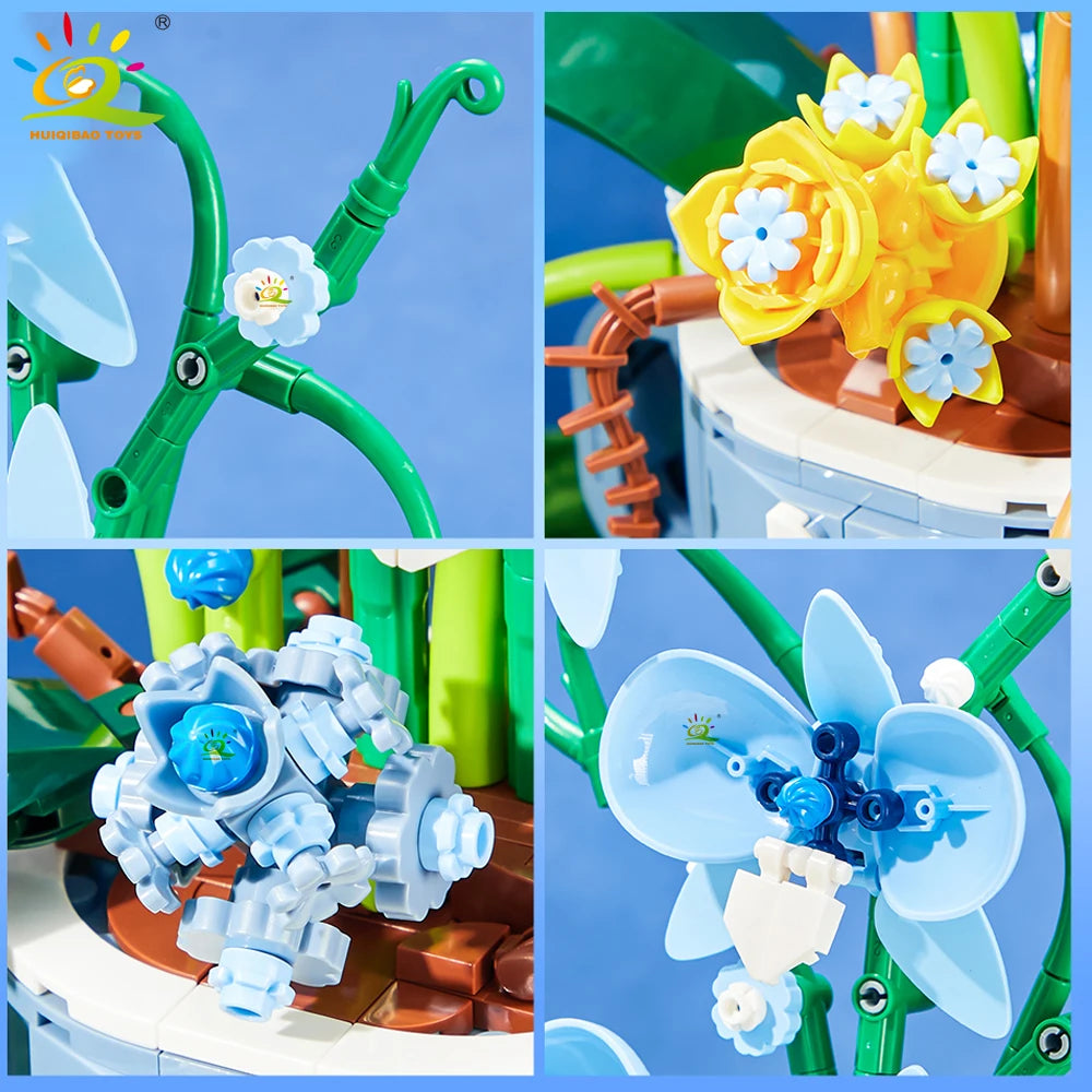 HUIQIBAO Flower Orchid Rose Daisy Coffee Cup Potted Building Blocks Bouquet MOC Bricks Toys DIY Home Desk Plant Decoration