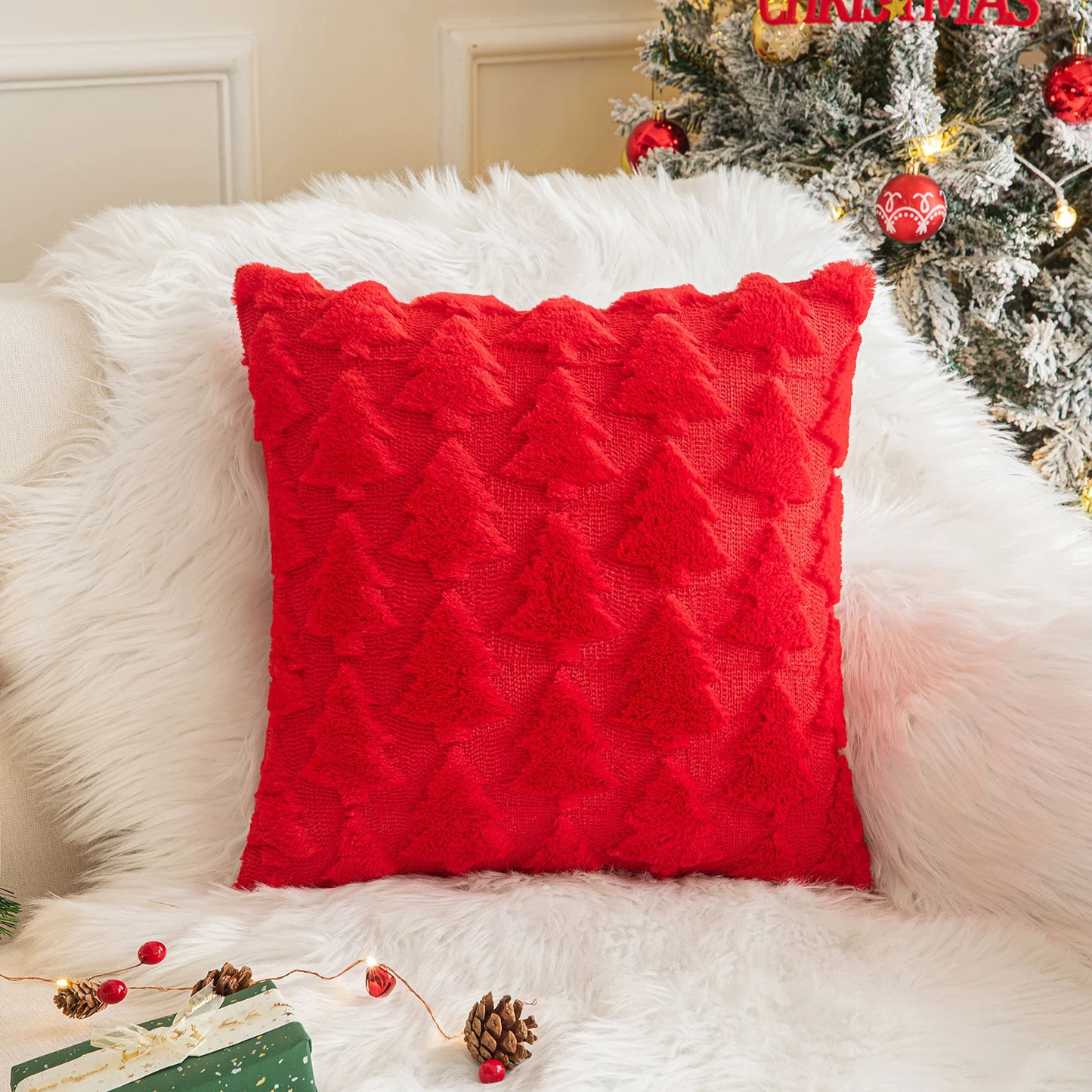 1/2 Pack Christmas Tree Square Throw Pillow Cases Snowflake Shaggy Plush PillowCases Embroidered Sofa Cushion Cover Home Decor