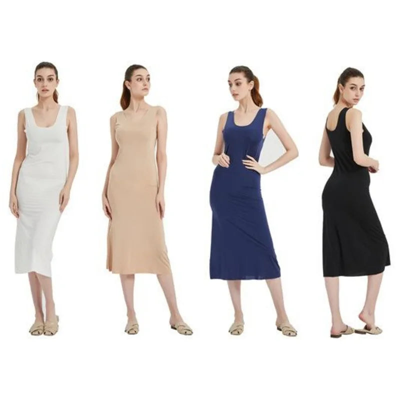 Summer Lady Ice Silk Without Trace Slips Under Dress Large Size Tank Long Midi Dress Petticoat U-neck Vest Nightgown Long Skirt