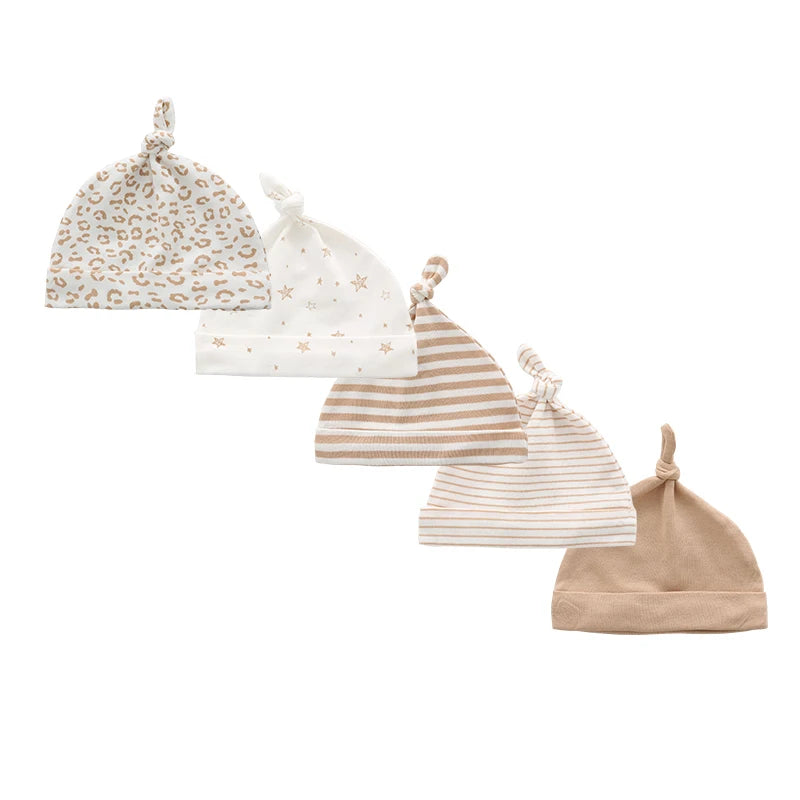 5Pieces Newborn Baby Boy Hats Cartoon Print 100%Cotton Baby Girls Hats 0-6Months Soft Solid Color Infant Accessories