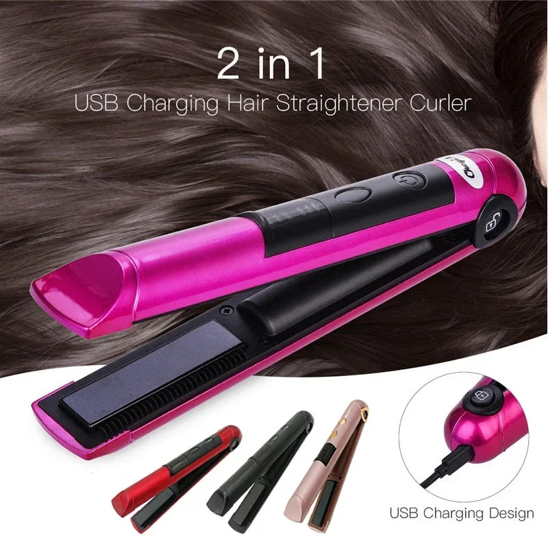 Wireless Electric Heating Hair Straightener Curler For Women Rechargeable Portable Home Travel Hair Straightening Curling Iron
