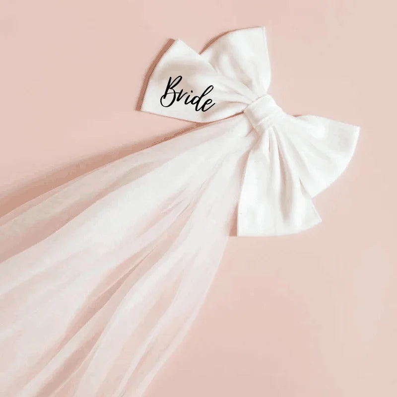 White Bride Bow Veil with Hair Clip Bridal Shower Party Decoration Wedding Photo Props Hen Bachelorette Party Supplies Gift