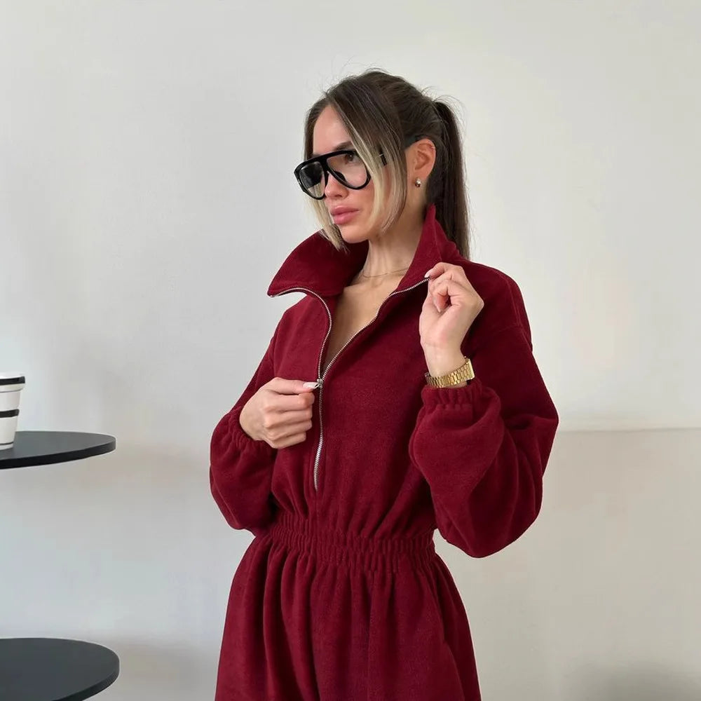 Woman Clothing Fashion Long-sleeved Jumpsuit Women's Set Zipper Casual Semi-open Elastic Waist Jumpsuit Elegant Sports Jumpsuit