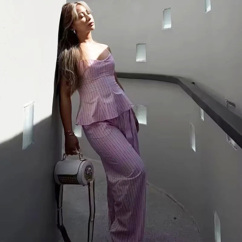 HXAO Summer Women's Two Pieces Set New Pink Striped Open Back Halter Top Pant Sets Crop Zipper Top With Lace Casual Women's Suit